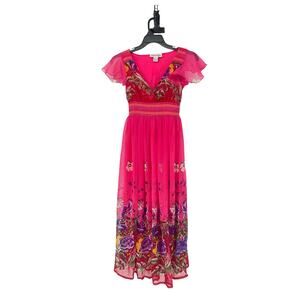VTG Y2K Jessica Taylor Midi Dress Womens M‎ Pink Tropical Print Fairy Whimsical